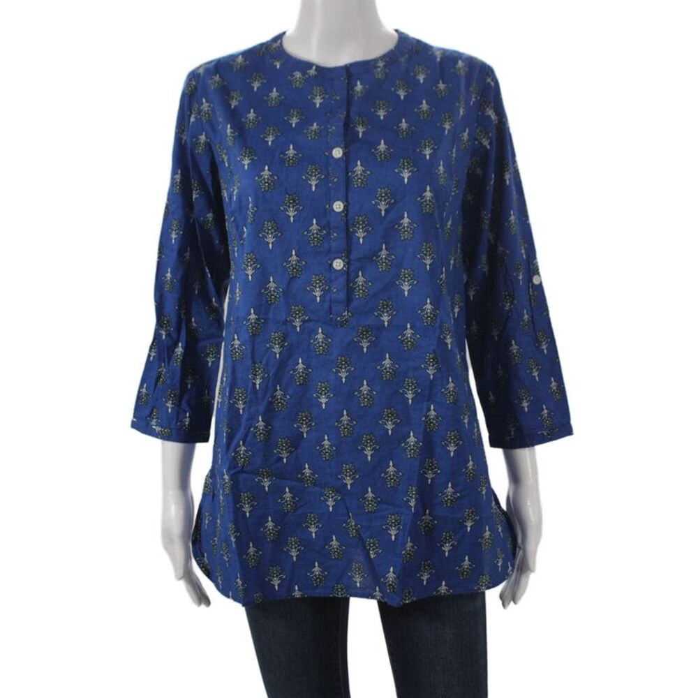 Madison Mathews Women Tunic Blouse Floral Blue Cotton Henley 3/4 Sleeve Size S